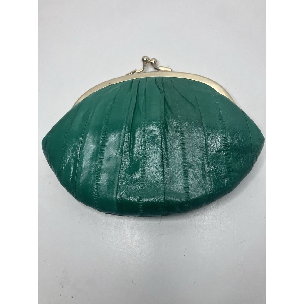 Vintage Rare Green Eel Skin Double Kiss Lock Coin Purse Korea Pleated Gold Frame